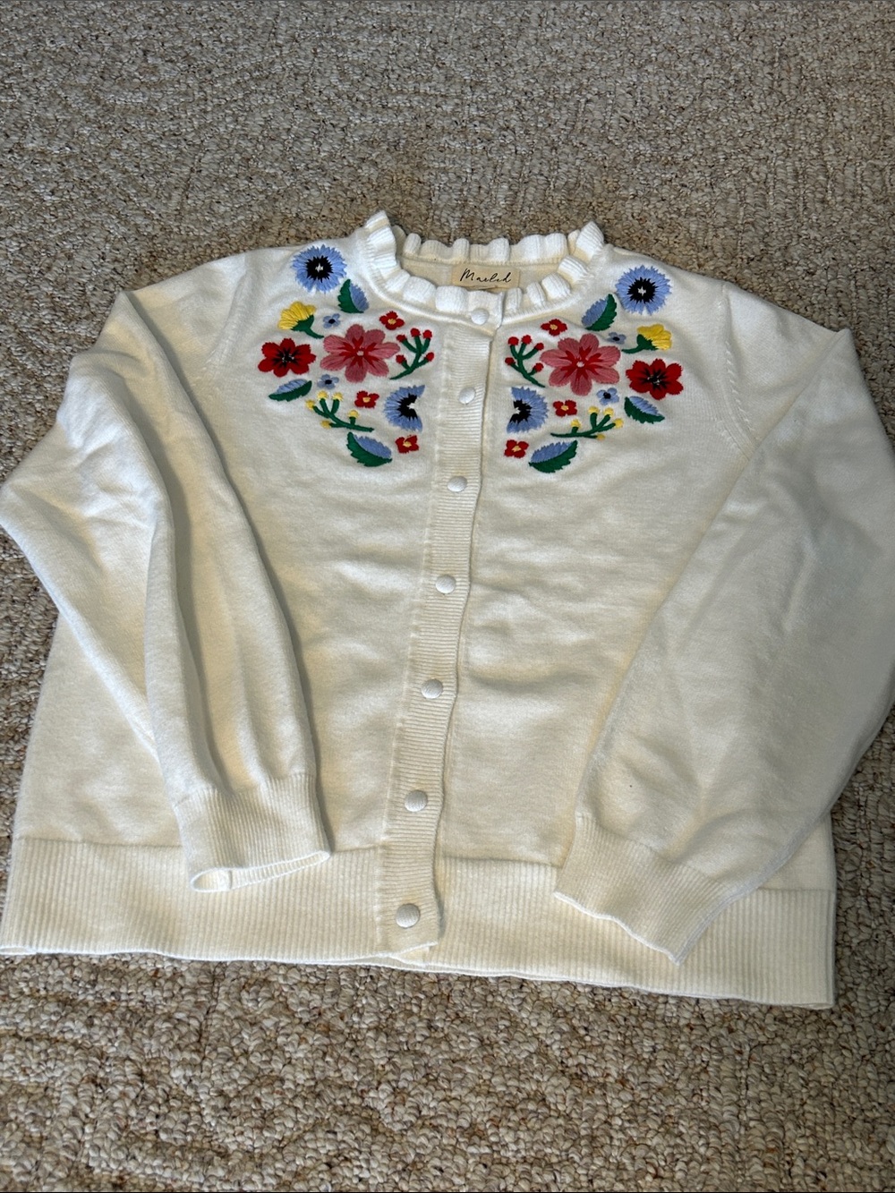 Marled White Floral Embroidered Button-Up Sweater Cardigan Medium - Picture 8 of 10